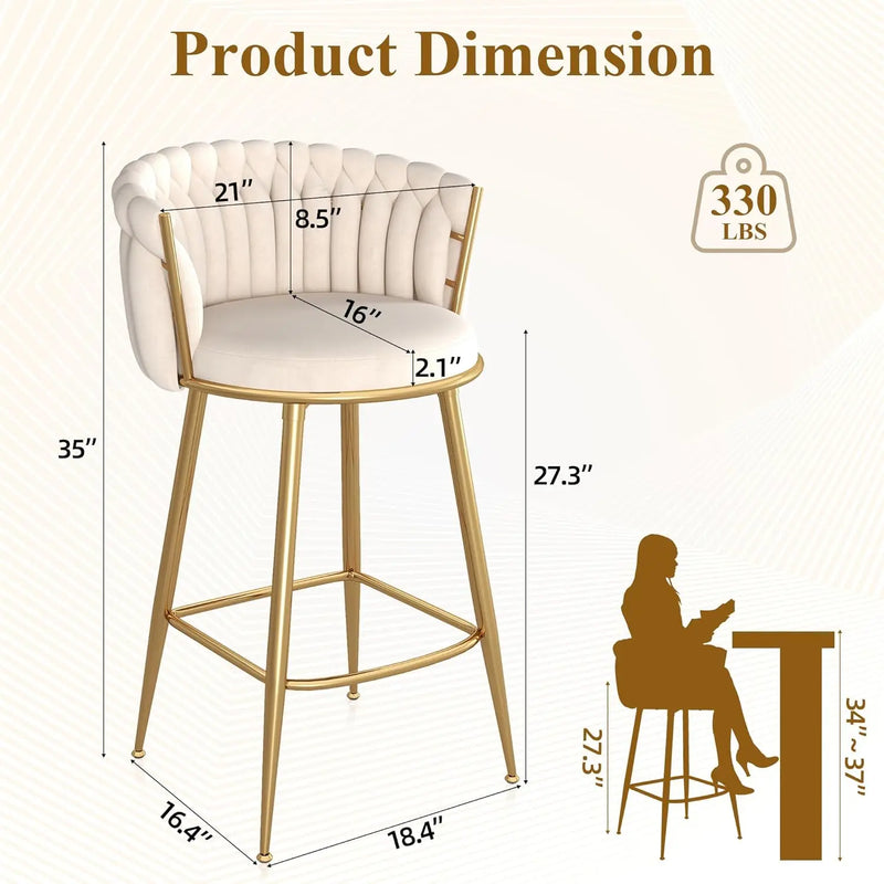 Modern Bar Stools Set of 4, Handmade Woven Back Armrest, Sturdy Golden Metal Legs for Home Dining Kitchen Island, Beige