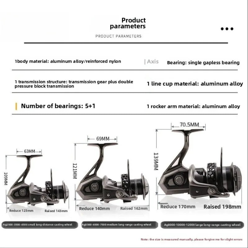 SPINNING REEL Fishing AG2500/AG3500/AG4500AG5500AG6500/AG7500/8000/10000/12000 Spinning Reel Smooth - Running Fishing Reel