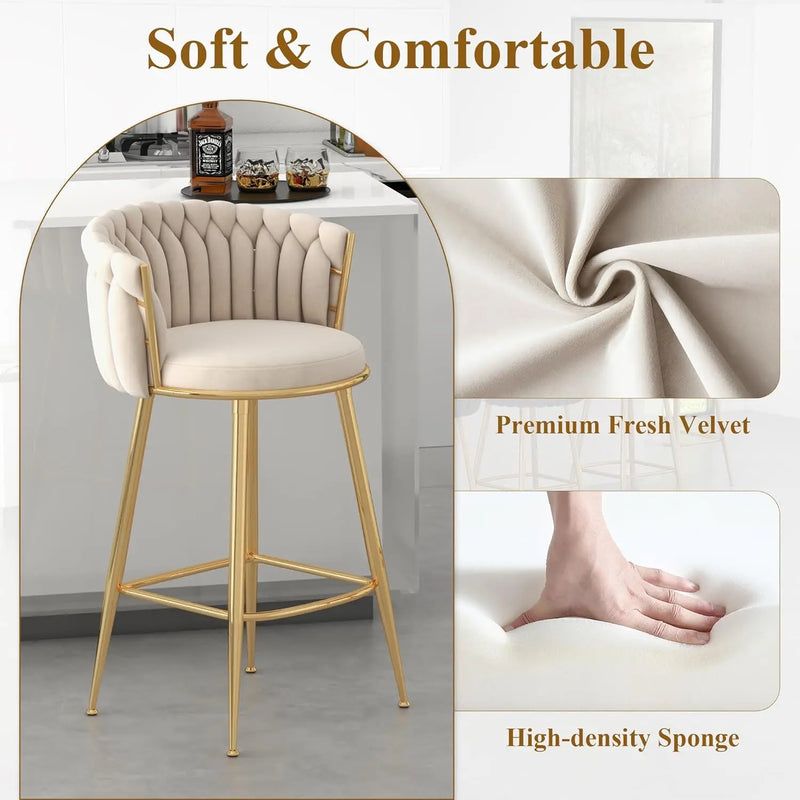 Modern Bar Stools Set of 4, Handmade Woven Back Armrest, Sturdy Golden Metal Legs for Home Dining Kitchen Island, Beige