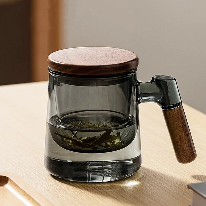 400ml Borosilicate Glass Tea Cup With Infuser Steeper And Lid For Loose Leaf Tea Wood Handle Blooming Tea Diffusers Filter Mug