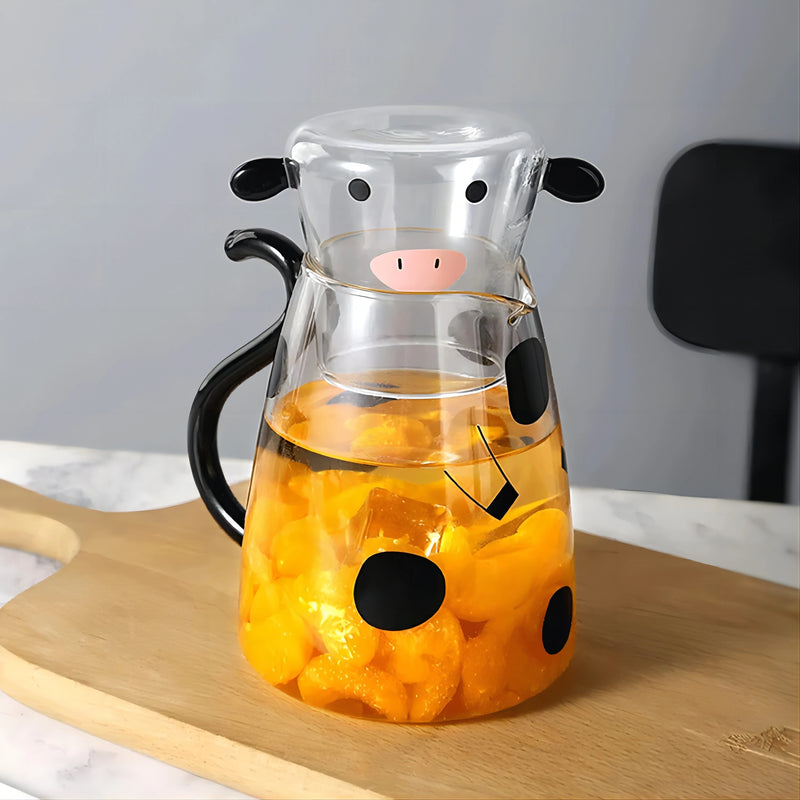 550ml Glass Water Carafe Set With Cup Lovely Cartoon Cow Cold Kettle Flowering Teapot Canister Milk Iced Beverage Bottle Jug
