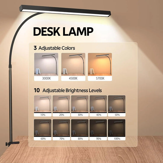 LED Desk Lamp for Office Home Eye-Caring Desk Light with Stepless Dimming Adjustable Flexible Gooseneck USB Desk Lamp with Clamp