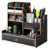 Wooden Desk Organiser DIY Desktop Tidy Pen Holder Large Capacity Stationery Storage Box with Drawer for Home Office and School
