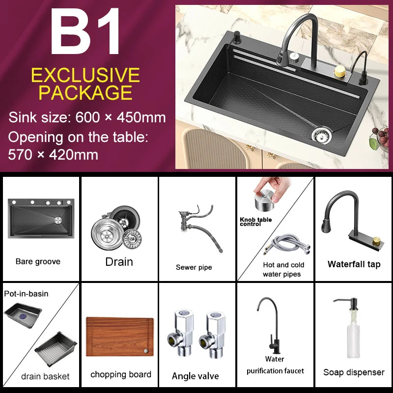Stainless Steel Waterfall Kitchen Sink New Embossed Extra Large Single Slot Modern Digital Display Dishwashing Basin