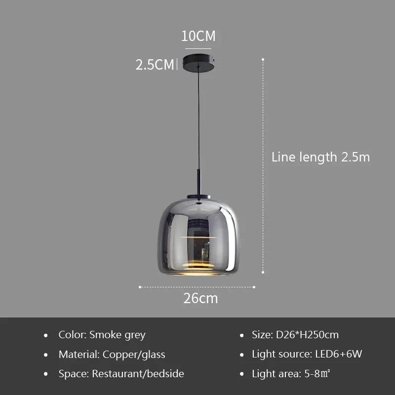 Nordic Glass Led Pendant Light Light Luxury Smoke Grey Hanging Light Fixtures Bedroom Modern Luminaire Suspension Lamp