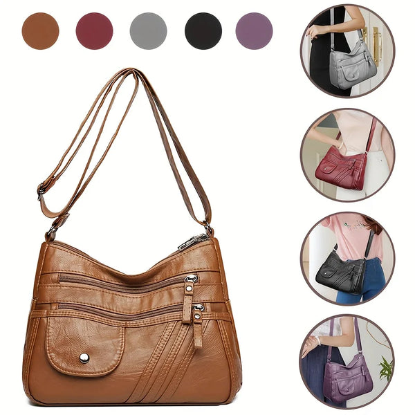 Multi-Pocket PU Leather Shoulder Bag For Women, Stylish Versatile Crossbody, Lightweight Purse With Adjustable Strap