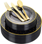 30 Guests Gold Plastic Plates with Disposable Silverware,Gold Cutlery with White Handle,White Golden Disposable