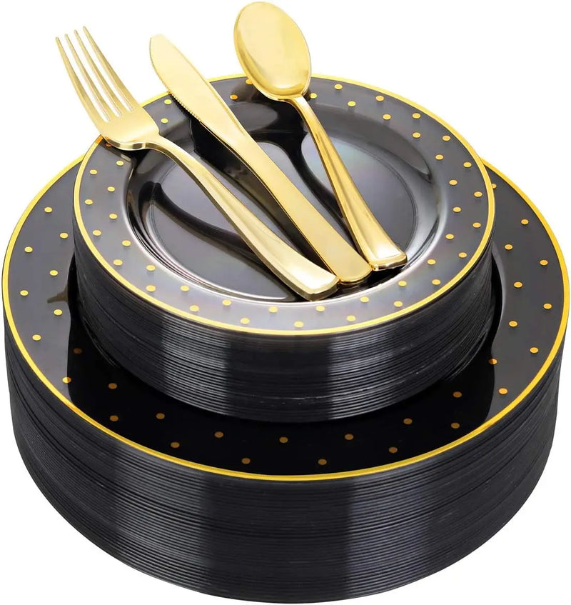 30 Guests Gold Plastic Plates with Disposable Silverware,Gold Cutlery with White Handle,White Golden Disposable