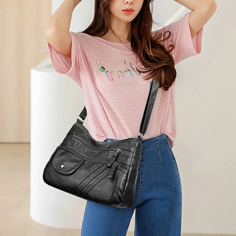 Multi-Pocket PU Leather Shoulder Bag For Women, Stylish Versatile Crossbody, Lightweight Purse With Adjustable Strap