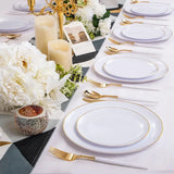 30 Guests Gold Plastic Plates with Disposable Silverware,Gold Cutlery with White Handle,White Golden Disposable