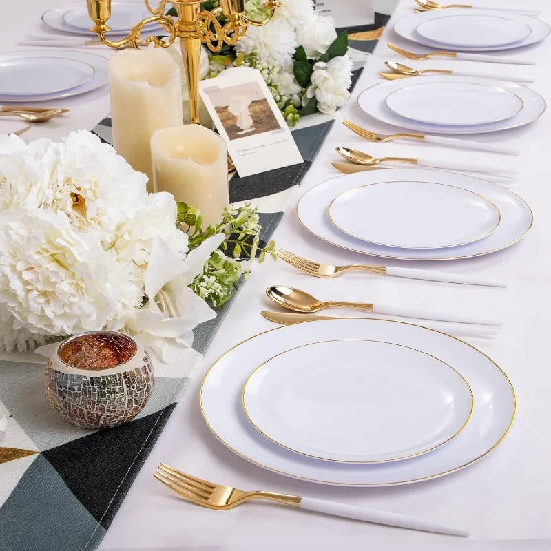 30 Guests Gold Plastic Plates with Disposable Silverware,Gold Cutlery with White Handle,White Golden Disposable