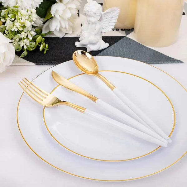 30 Guests Gold Plastic Plates with Disposable Silverware,Gold Cutlery with White Handle,White Golden Disposable
