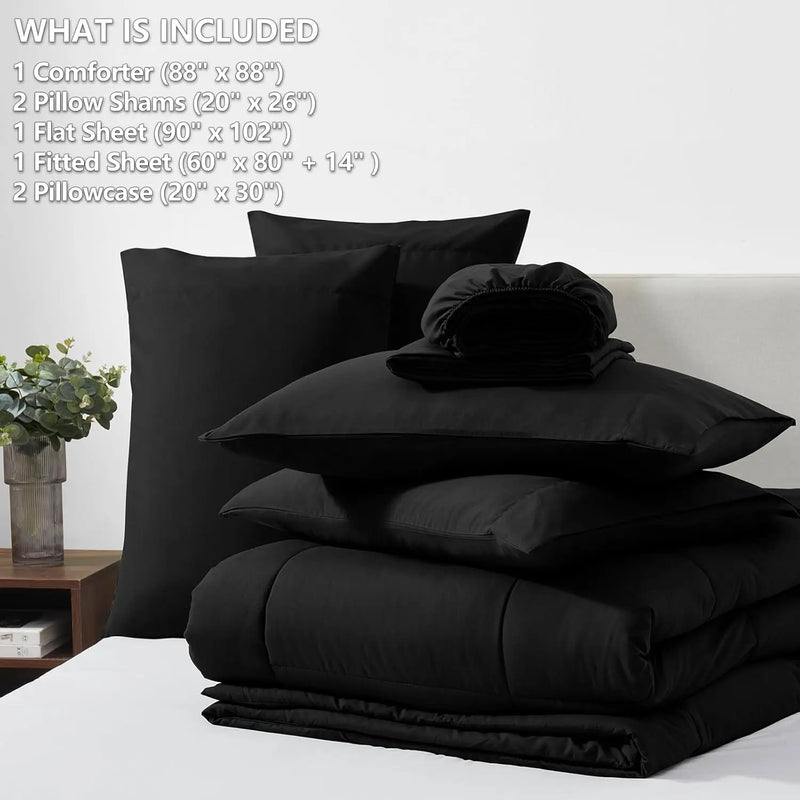 Queen Comforter Set - 7 Pieces Bed in a Bag Set Black Queen, Complete Bedding Sets Bed Set for All Season with Comforter