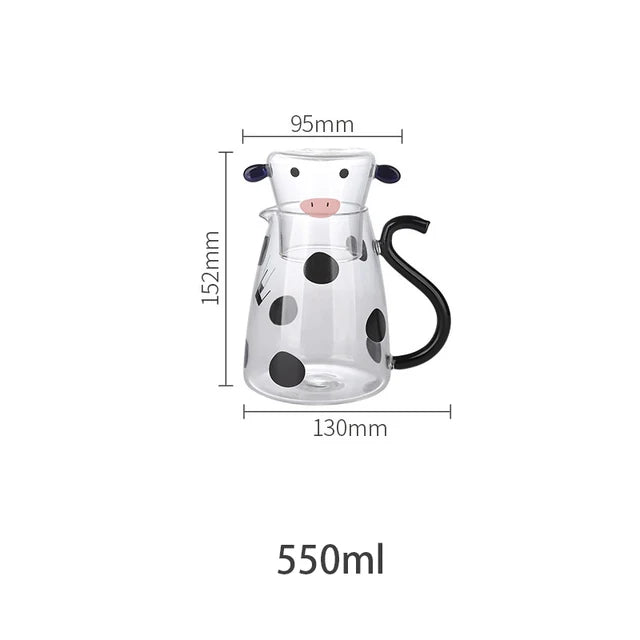 550ml Glass Water Carafe Set With Cup Lovely Cartoon Cow Cold Kettle Flowering Teapot Canister Milk Iced Beverage Bottle Jug