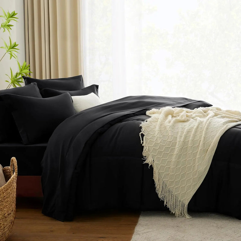 Queen Comforter Set - 7 Pieces Bed in a Bag Set Black Queen, Complete Bedding Sets Bed Set for All Season with Comforter
