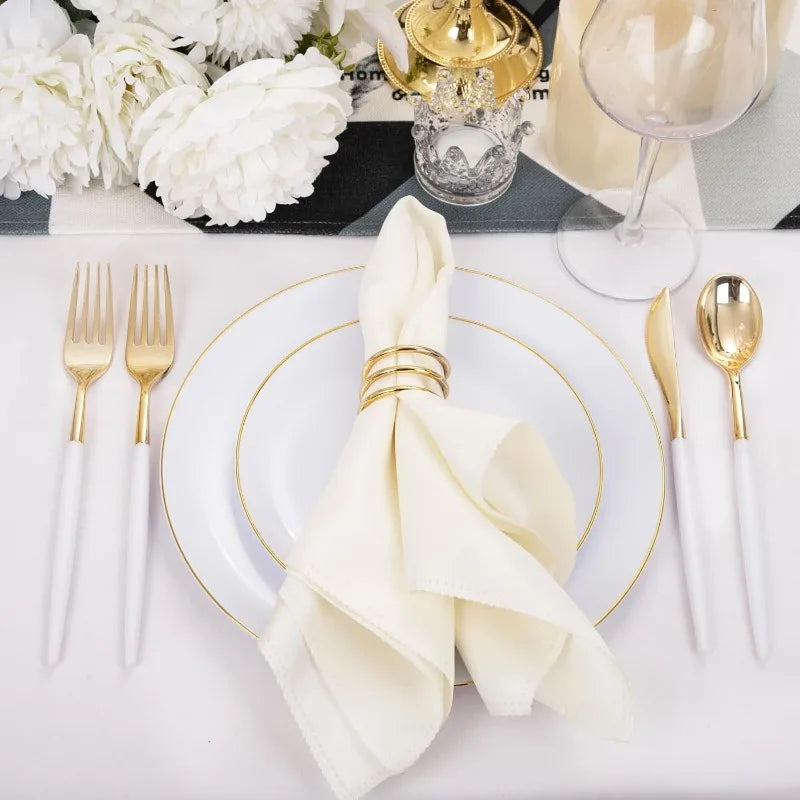 30 Guests Gold Plastic Plates with Disposable Silverware,Gold Cutlery with White Handle,White Golden Disposable