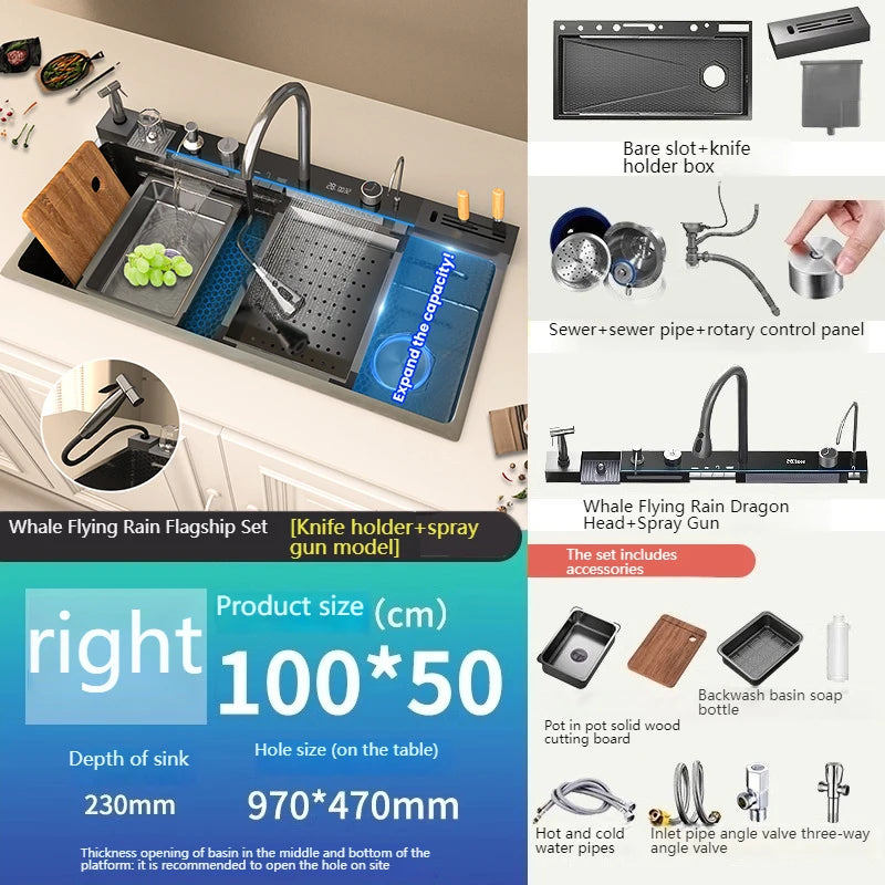 Stainless Steel Waterfall Kitchen Sink New Embossed Extra Large Single Slot Modern Digital Display Dishwashing Basin