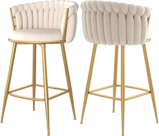 Modern Bar Stools Set of 4, Handmade Woven Back Armrest, Sturdy Golden Metal Legs for Home Dining Kitchen Island, Beige