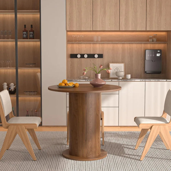 31.5 inch Round Dining Table for 2, Modern Farmhouse Kitchen Table, Small Circle Dining Tables with Wood Strip Base for Kitchen