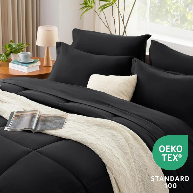 Queen Comforter Set - 7 Pieces Bed in a Bag Set Black Queen, Complete Bedding Sets Bed Set for All Season with Comforter