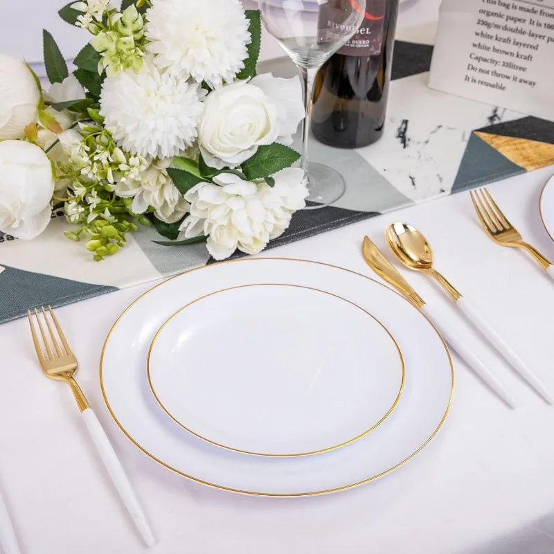 30 Guests Gold Plastic Plates with Disposable Silverware,Gold Cutlery with White Handle,White Golden Disposable