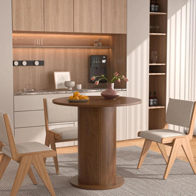 31.5 inch Round Dining Table for 2, Modern Farmhouse Kitchen Table, Small Circle Dining Tables with Wood Strip Base for Kitchen