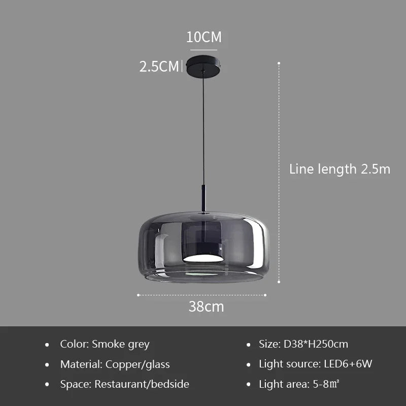 Nordic Glass Led Pendant Light Light Luxury Smoke Grey Hanging Light Fixtures Bedroom Modern Luminaire Suspension Lamp