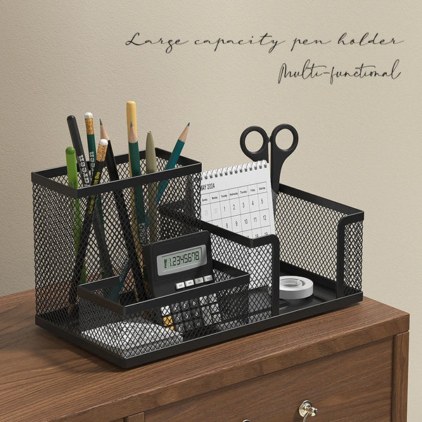 Mesh Desk Organizer Office Supplies Caddy with Pencil Holder and Storage Baskets for Desktop Accessories, 3 Compartments, Black