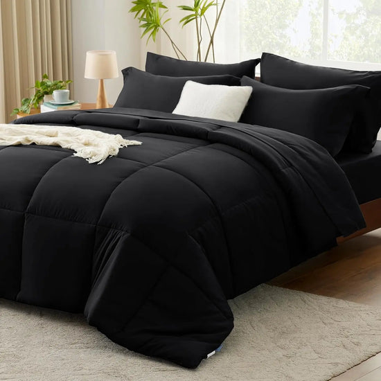 Queen Comforter Set - 7 Pieces Bed in a Bag Set Black Queen, Complete Bedding Sets Bed Set for All Season with Comforter