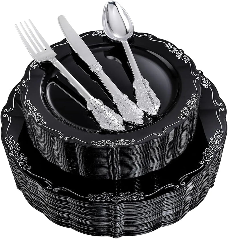 30 Guests Gold Plastic Plates with Disposable Silverware,Gold Cutlery with White Handle,White Golden Disposable