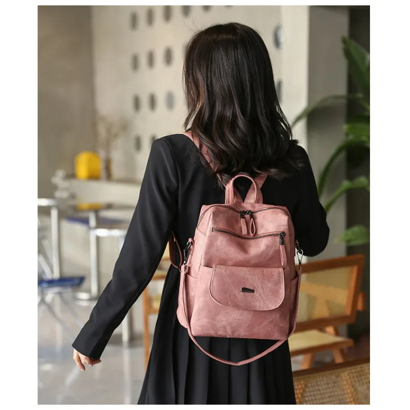 Large Women Backpack Purse Anti-theft Fashion Casual Lightweight Ladies Travel PU Washed Leather Ladies Rucksack Shoulder Bag