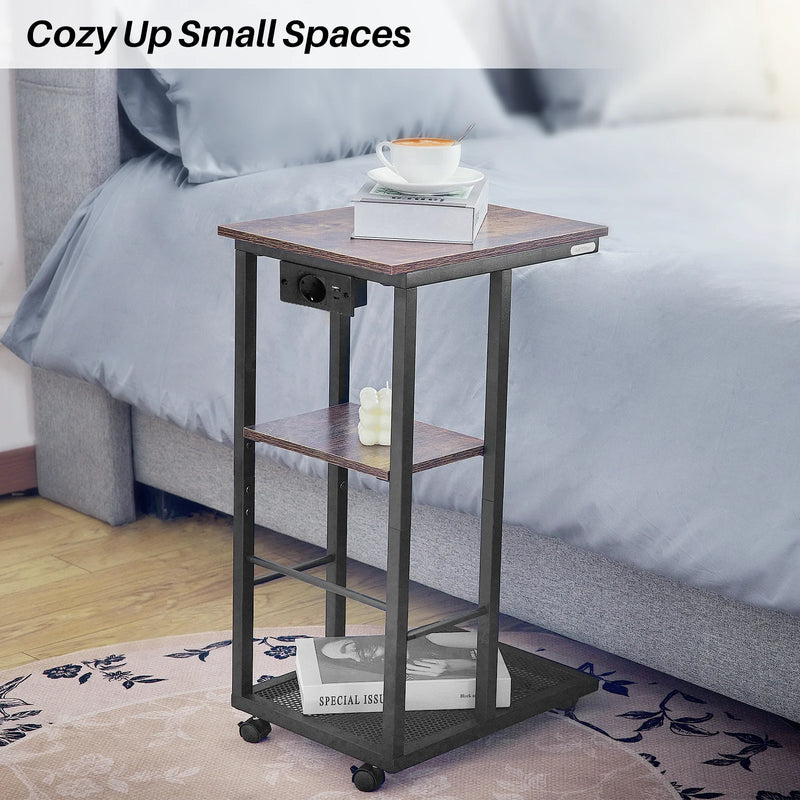 Redlife C Shaped End Table w/ Charging Station Side Table for Couch Sofa Table w/ Storage Shelf & Rolling Wheels for Small Space