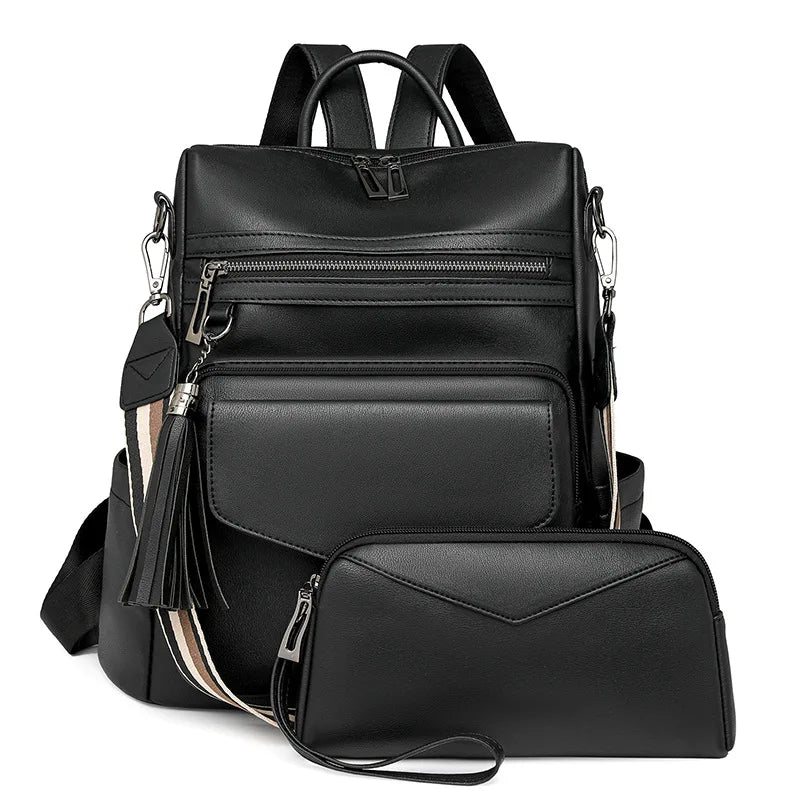 Womens Backpack Purse Leather Backpack Purse Fringe Design For Women Travel Fashion Designer Ladies Shoulder Bags 2 Pieces
