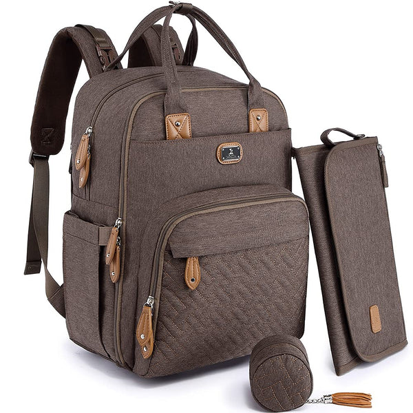 Diaper Bag Backpack with Portable Changing Pad, Pacifier Case and Stroller Straps, Large Unisex Baby Bags for Boys Girls, Multipurpose Travel Back Pack Moms Dads, Brown