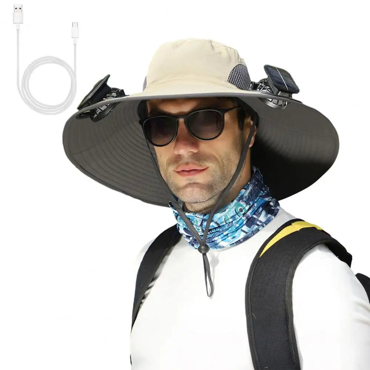 Outdoor Solar Fan Hat with Dual Power Supply Wide Brim Sun Hat with Built-In Solar Fan Fishing Hiking Gardening Hat