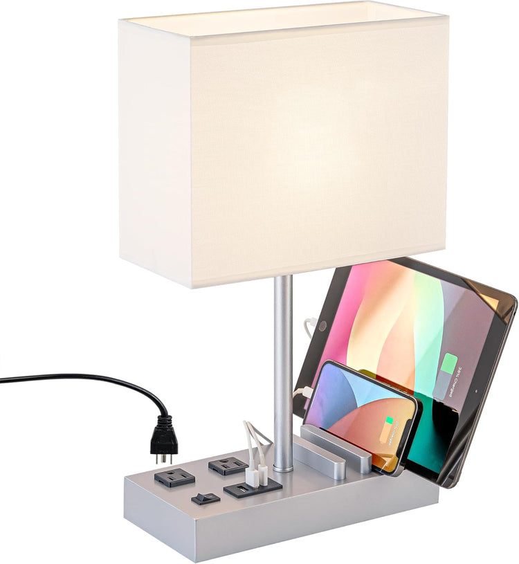 Bedside Table Lamp with 3 USB Charging Ports, 2 AC Outlets and 3 Phone Stands, Modern USB Desk Lamp with Silver Wooden Base