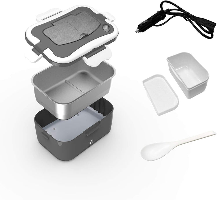 Electric Lunch Box,Portable Food Warmer Heater 110V for Home/Office Use Portable Food Warmer Heater with Removable 304 Stainless Steel Container and Free Spoon & Fork(Black) (Grey)