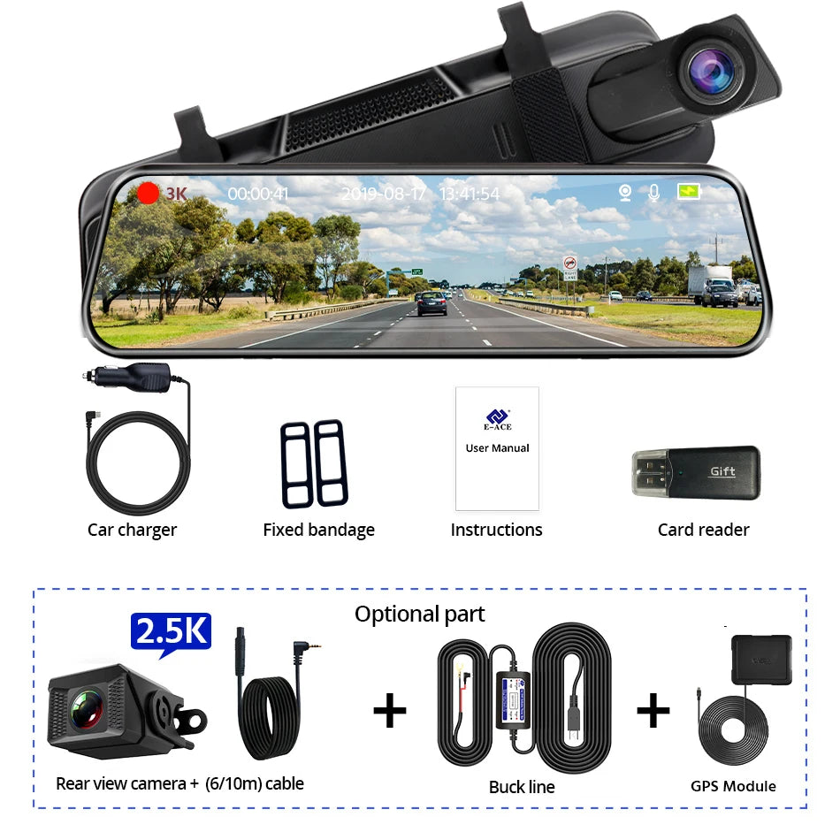 3K+2.5K DVR Mirror for 10"Dash Cam Recorder Optional Rear Camera Night Vision Hisllicon Chip GPS WIFI 24H Parking Monitor