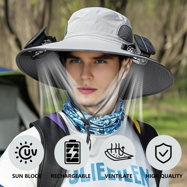 Outdoor Solar Fan Hat with Dual Power Supply Wide Brim Sun Hat with Built-In Solar Fan Fishing Hiking Gardening Hat
