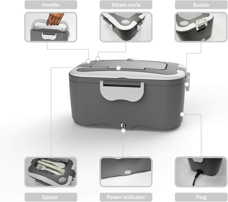 Electric Lunch Box,Portable Food Warmer Heater 110V for Home/Office Use Portable Food Warmer Heater with Removable 304 Stainless Steel Container and Free Spoon & Fork(Black) (Grey)