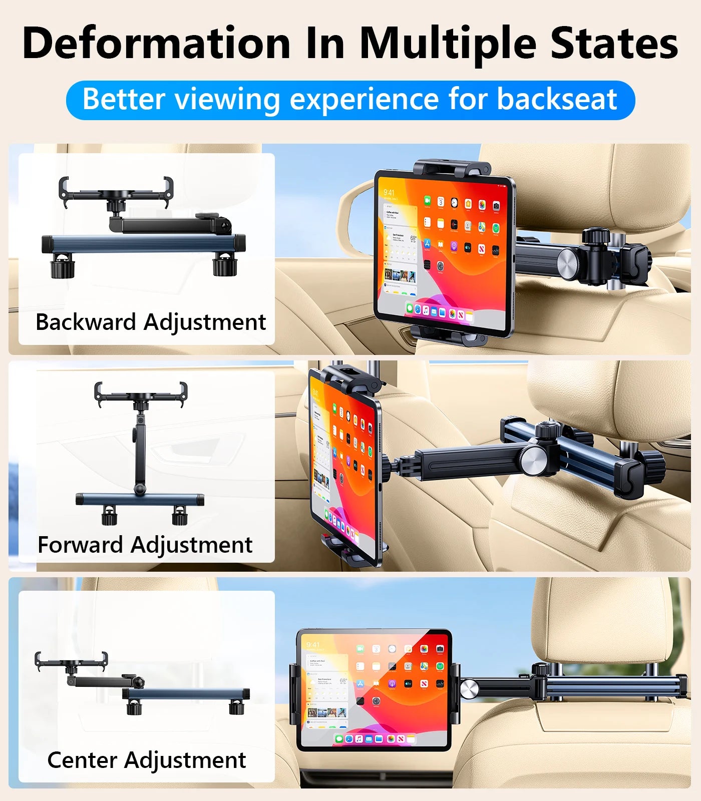 Tablet Holder Mount for Car Headrest Back Seat 360 Rotate Phone Stand Long Arm Adjustable with 2 Hook Fit for 4.7-12 Device
