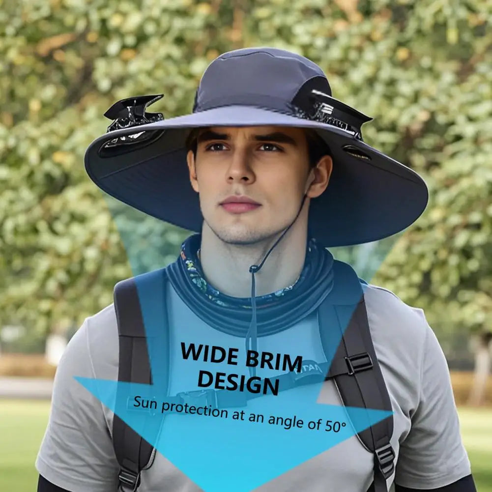 Outdoor Solar Fan Hat with Dual Power Supply Wide Brim Sun Hat with Built-In Solar Fan Fishing Hiking Gardening Hat