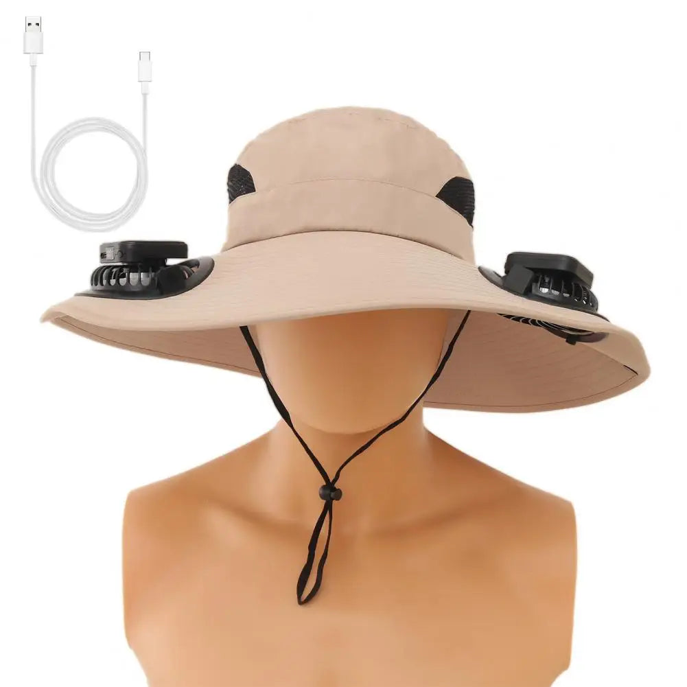 Outdoor Solar Fan Hat with Dual Power Supply Wide Brim Sun Hat with Built-In Solar Fan Fishing Hiking Gardening Hat