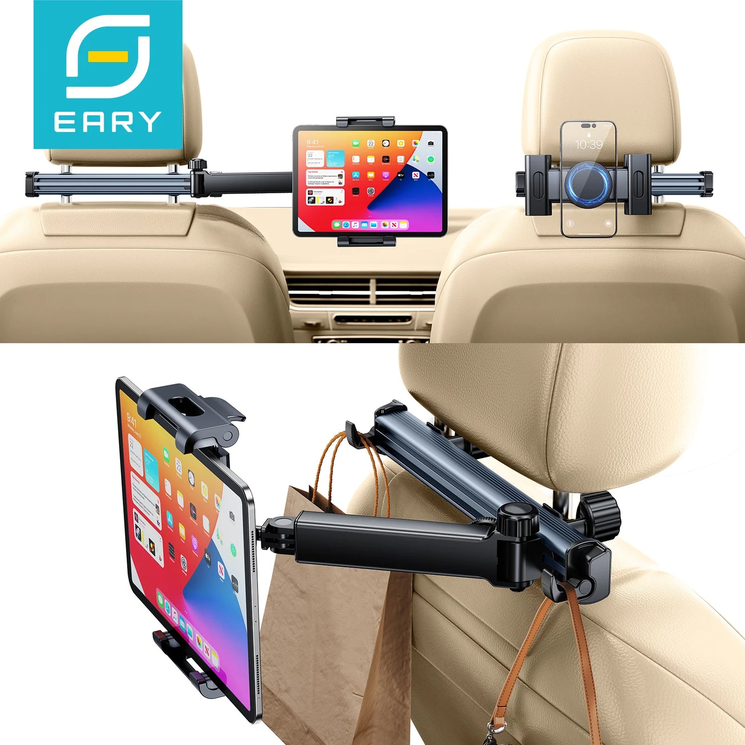 Tablet Holder Mount for Car Headrest Back Seat 360 Rotate Phone Stand Long Arm Adjustable with 2 Hook Fit for 4.7-12 Device