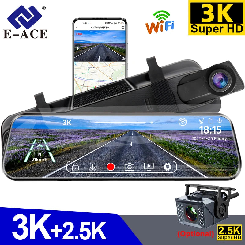 3K+2.5K DVR Mirror for 10"Dash Cam Recorder Optional Rear Camera Night Vision Hisllicon Chip GPS WIFI 24H Parking Monitor