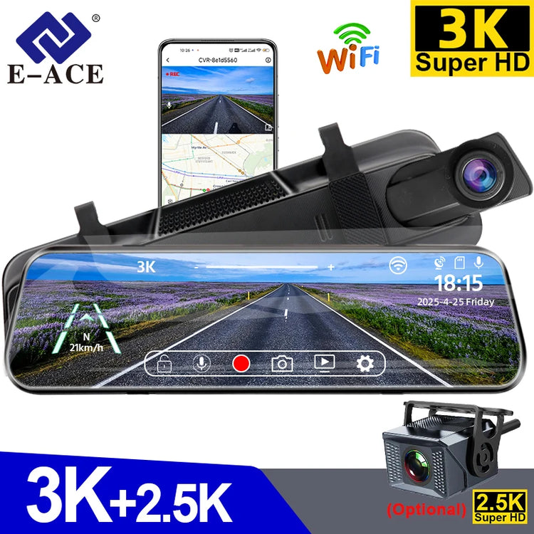 3K+2.5K DVR Mirror for 10"Dash Cam Recorder Optional Rear Camera Night Vision Hisllicon Chip GPS WIFI 24H Parking Monitor