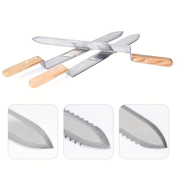 Three-pieces set Uncapping Knife Beekeeping Tool, Stainless Steel 11-inch Serrated Blade Honey Comb Knife Scraper, Manual Honey Extractor and Uncapper with Wooden Handle