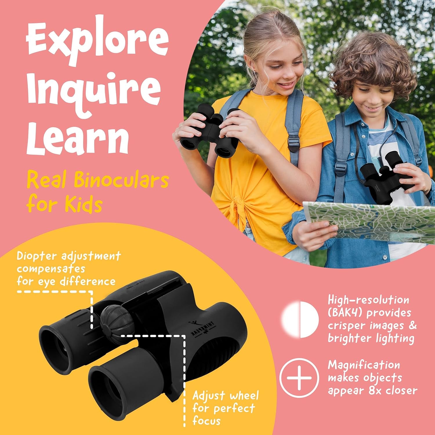 Think Peak Black Binoculars Science Toy for Kids Ages 4-8 Years - Real Compact Outdoor Adventure & STEM Educational Nature Hiking Explorer for Bird Watching, Camping Children’S Birthday Gift