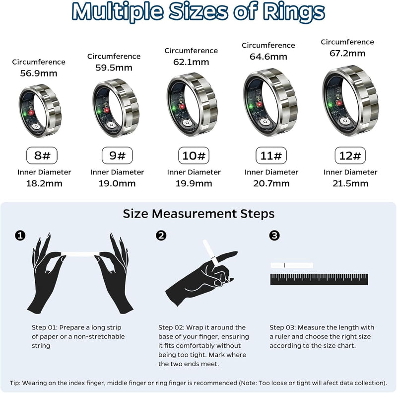 Smart Ring Health Tracker, Sleep Tracker Ring with Heart Rate, Waterproof Fitness Ring for Activity Monitoring/Steps/Distance/Calories,Air Gestures,Up to 7Day Battery,For Ios Android(Stylish Silver#8)