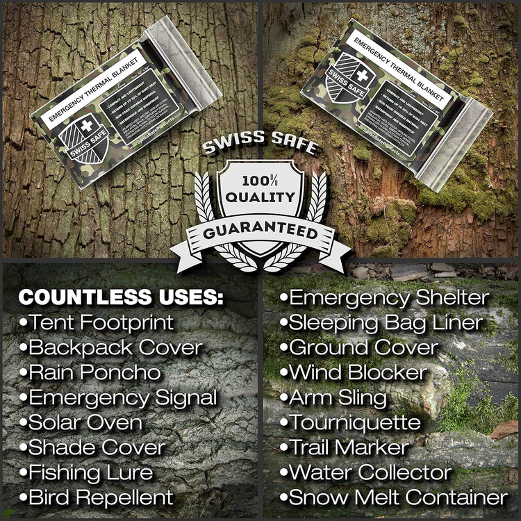 4 Pack Mylar Emergency Blankets for Survival - Compact & Insulated for Cold Weather - Designed for NASA, Outdoor, Running, Camping, Survival, First Aid Car Kit - Woodland Camo, 4 Pack